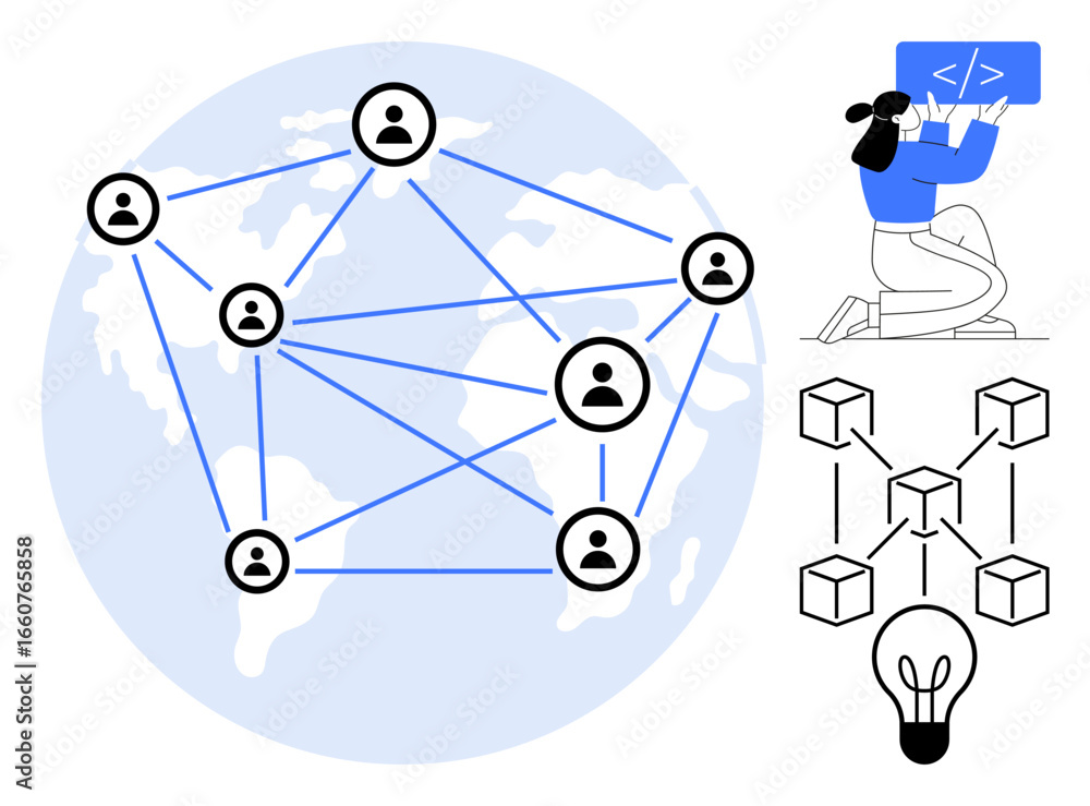 Poster network of user icons linked across the globe, blockchain structure, coding process, and bulb symbol