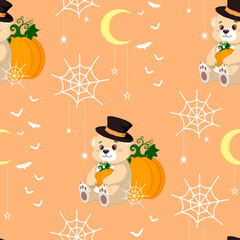 A Charming Halloween Seamless Pattern Featuring Teddy Bears, Pumpkins, Spiderwebs, Bats and a Crescent Moon. Adorable Bear Cub wearing a Top Hat in Halloween Theme. Cute Spooky Season Background.