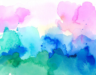 Obraz premium a vibrant abstract painting with distinct layers of pink blue and green watercolor on a white background