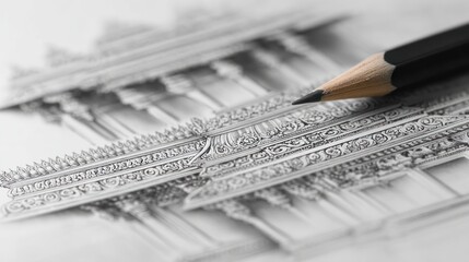 Detailed pencil drawing of ornate architectural facade, blurred background