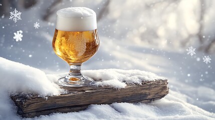 Refreshing golden beer with frosty foam in an elegant glass, surrounded by soft white snow and falling snowflakes