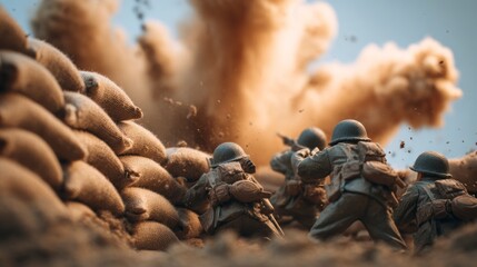 Miniature soldiers advance during explosion