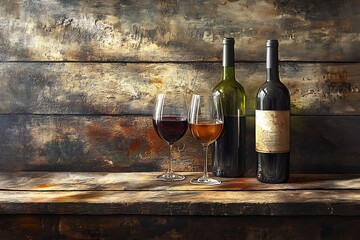 Red and rose wine bottles and glasses on a rustic wooden table against a textured timber background.