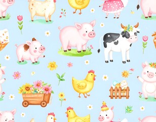 Obraz premium Cute farm animals pattern on light blue background