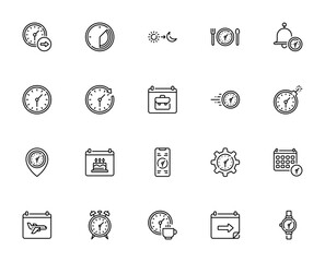 Time and Date icon set. Minimal vector icons. Includes symbols for clock, calendar, alarm, birthday, travel, smartphone, working hours and more. Editable stroke.