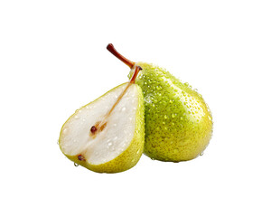 Fresh pear fruit with a sliced half and water droplets