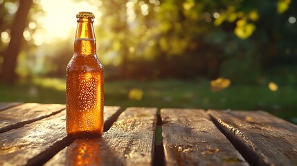 Chilled amber bottle of refreshing beer on rustic wooden table outdoors with golden hour sunlight and bokeh