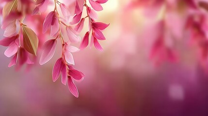 Elegant pink floral background with hanging leaves and soft bokeh light, spring nature vector illustration for romantic design, social media wallpaper and branding