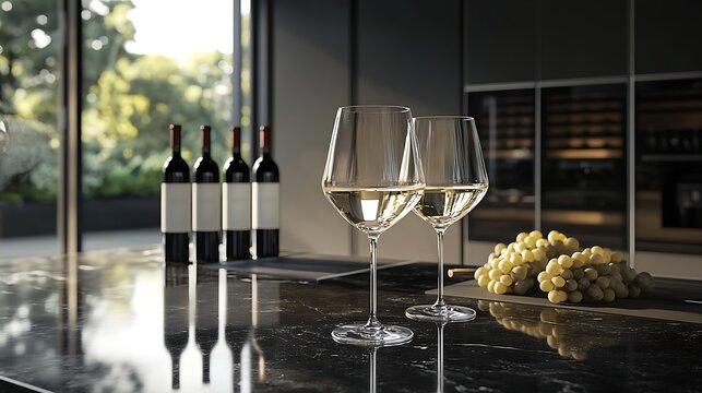 Two elegant wine glasses filled with white wine, fresh green grapes, and bottles on a luxurious marble bar top
