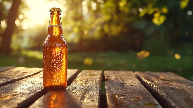 Chilled amber bottle of refreshing beer on rustic wooden table outdoors with golden hour sunlight and bokeh