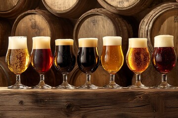 A diverse lineup of craft beers in seven unique glasses displayed against a rustic wooden barrel backdrop