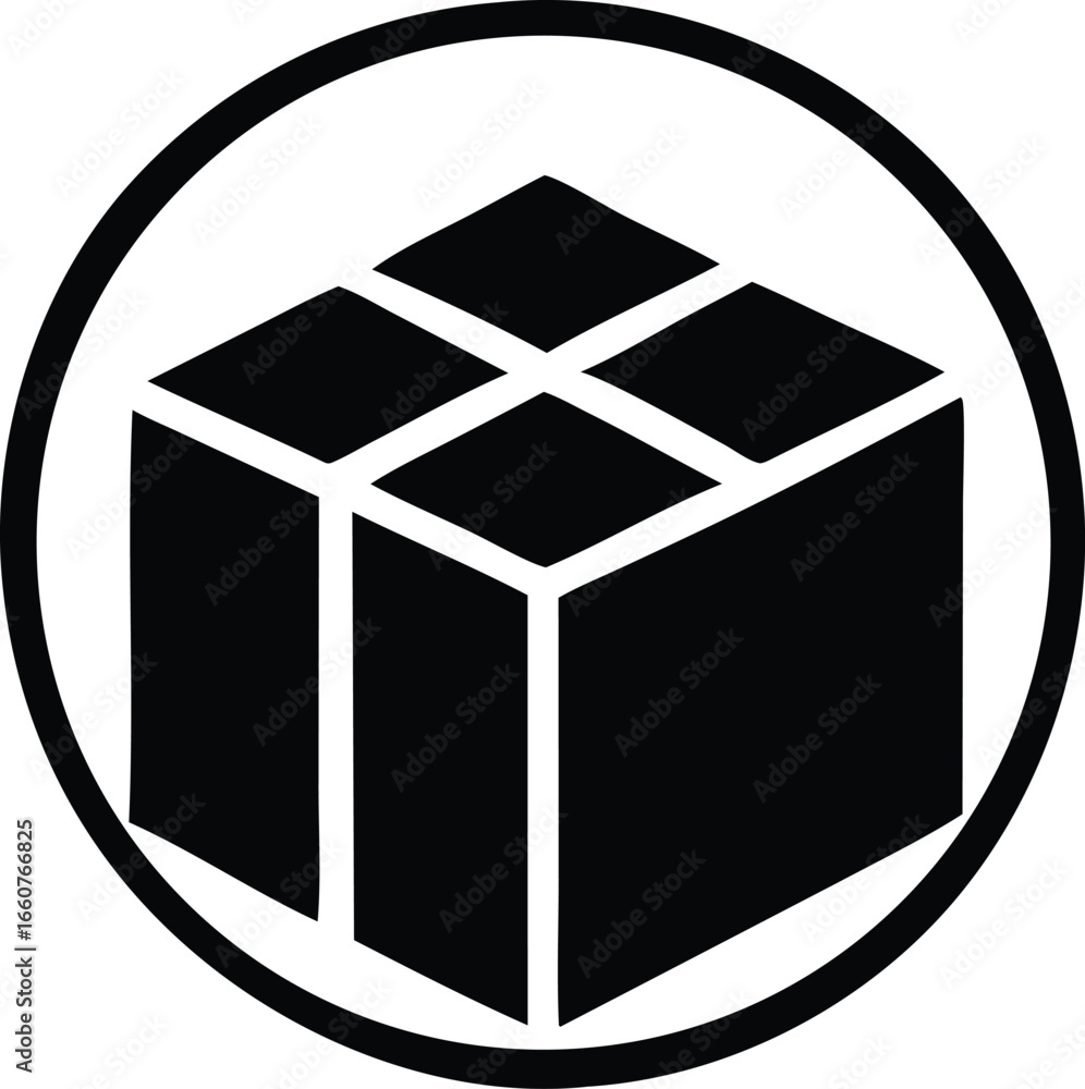 Poster simple black and white icon of a cube with a grid pattern inside a circle for packaging and logistic