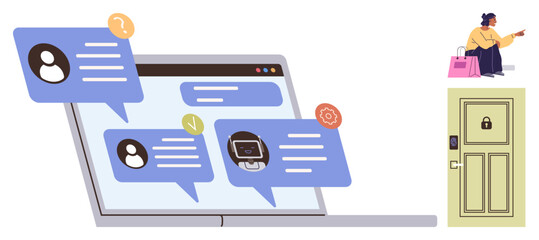 Laptop screen with chat messages, lock-secured door, person with shopping bags pointing. Ideal for online security, e-commerce, customer support, privacy, user interaction, messaging simple landing