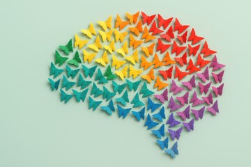 Creative mental health awareness concept with colorful paper butterflies forming brain shape