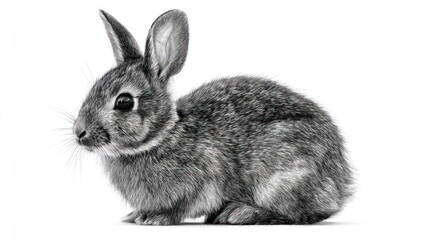 Obraz premium Grey rabbit sits, alert, on white background. Monochrome, detailed, realistic