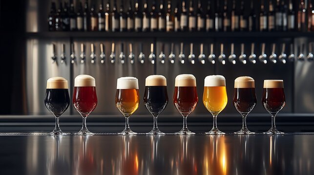 A diverse range of craft beers in elegant glasses, from golden lagers to dark stouts, lined up on a sleek bar counter for tasting.
