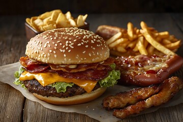Gourmet bacon cheeseburger, sesame bun, melted cheese, fresh lettuce, and beef patty. served with golden french fries, fried snacks on rustic wood.