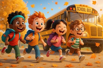 Diverse group of animated children characters racing to school bus with backpacks flying in 3D cartoon style