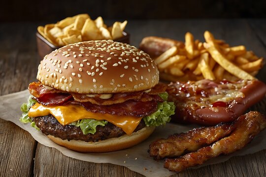 Gourmet bacon cheeseburger, sesame bun, melted cheese, fresh lettuce, and beef patty. served with golden french fries, fried snacks on rustic wood.
