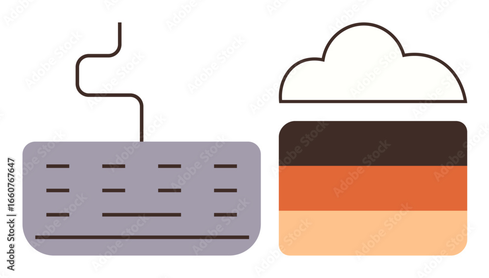 Poster minimal keyboard wired to layered cloud graphic in earthy tones. ideal for technology, cloud computi