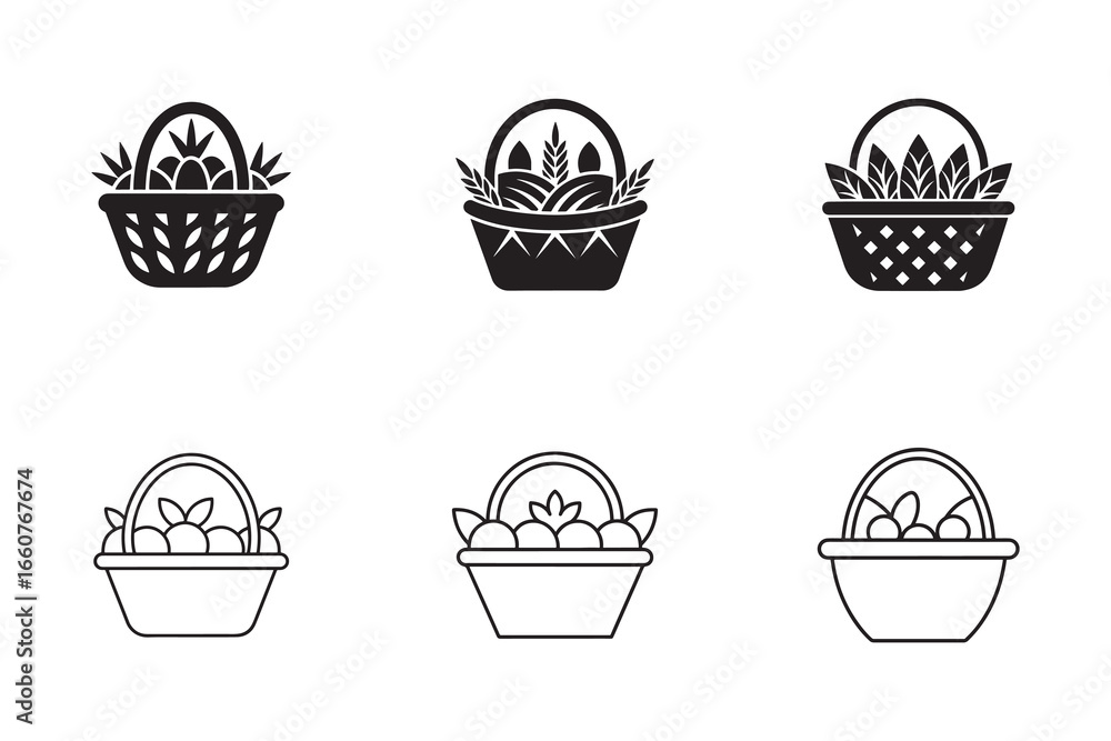 Poster collection of unique basket icons in black and white design element vectors for various applications