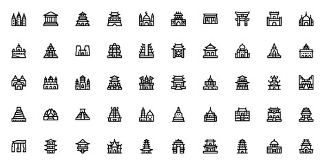 Temples icon set. Vector illustration pack featuring Salt lake temple, Parthenon, Temple of heaven, Mosque, Angkor wat, Pagoda, Shrine, and more religious landmarks.