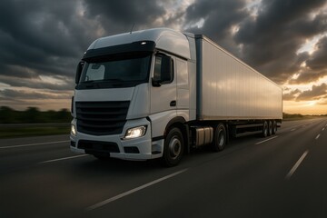 Commercial freight truck speeding on interstate highway carrying essential goods across country