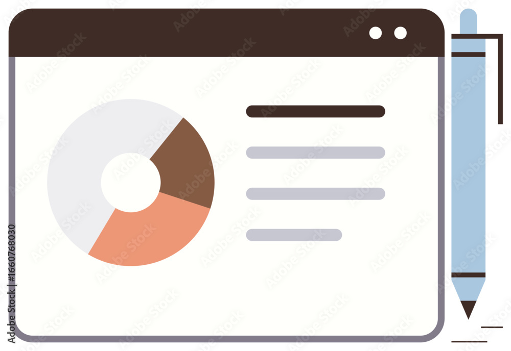 Poster pie chart in a browser window with text lines and a pen suggesting data analysis, report creation, o