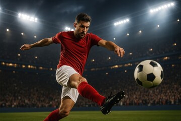 Naklejka premium Dynamic soccer player executing powerful kick in packed stadium during championship match moment