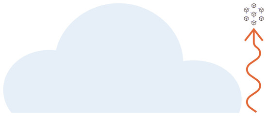 Large curved cloud with an ascending orange arrow emitting small geometric shapes, symbolizing data upload. Ideal for technology, cloud storage, data transfer, innovation, connectivity, digital