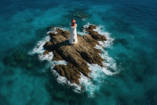 Dramatic aerial view of lone lighthouse on rocky outcrop surrounded by turquoise ocean