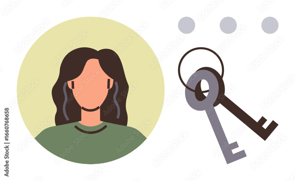Poster portrait of a woman inside a circular frame next to two keys on a ring, symbolizing user access, dat