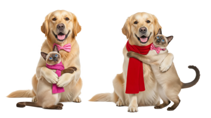 Golden retriever hugging Siamese cat wearing pink bow tie and red scarf, sweet Valentine’s Day pet couple, front view, even studio lighting, transparent background for greeting card and holiday design