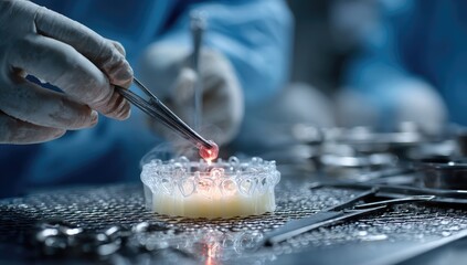 Surgeon performs delicate procedure using tiny tool in sterile operating room