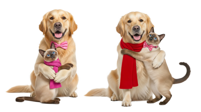 Golden retriever hugging Siamese cat wearing pink bow tie and red scarf, sweet Valentine’s Day pet couple, front view, even studio lighting, transparent background for greeting card and holiday design