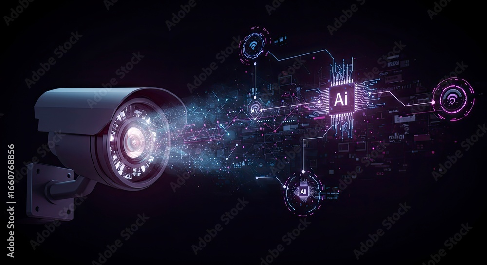 Poster ai surveillance camera: futuristic tech concept with data flow and circuitry.