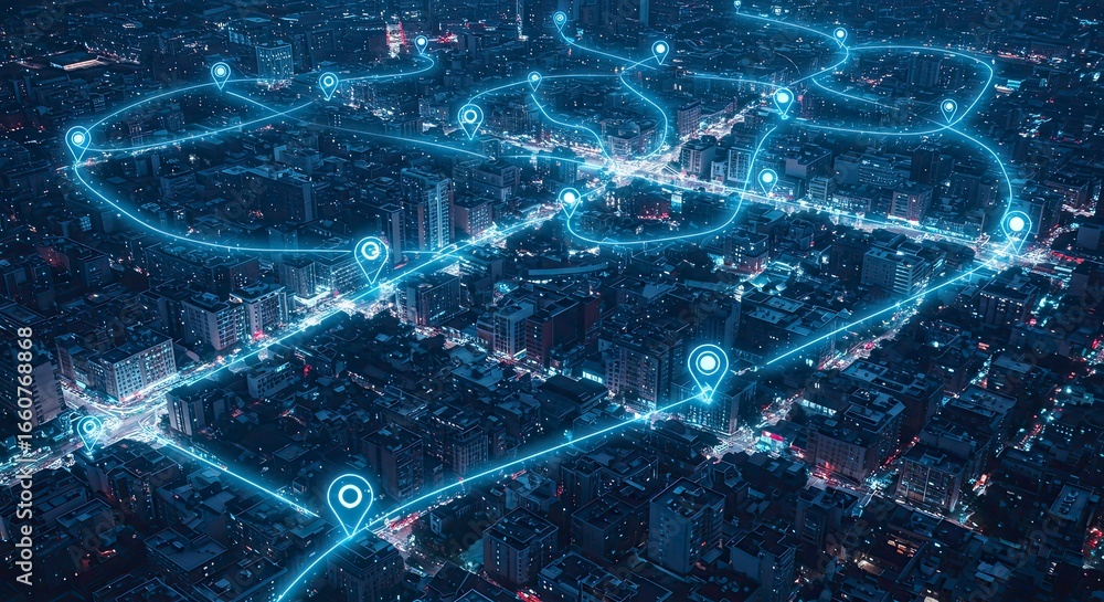 Poster aerial cityscape with illuminated location pins and connected lines