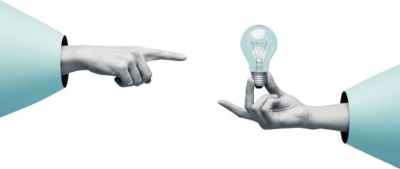 A hand points to a triangle while another hand offers a glowing lightbulb isolate collage art Idea Innovation