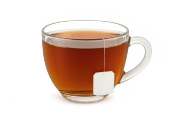 Glass cup of hot tea brewing with tea bag on transparent background