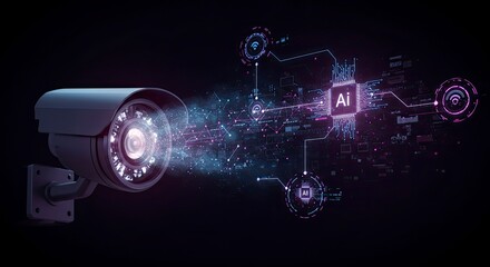 AI Surveillance Camera: Futuristic Tech Concept with Data Flow and Circuitry.