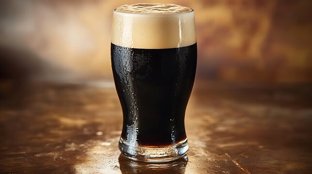 Close-up shot of a refreshing glass of dark stout beer with a creamy head of foam, perfectly poured and ready to be enjoyed in a traditional pub or bar setting, highlighting the rich texture and invit
