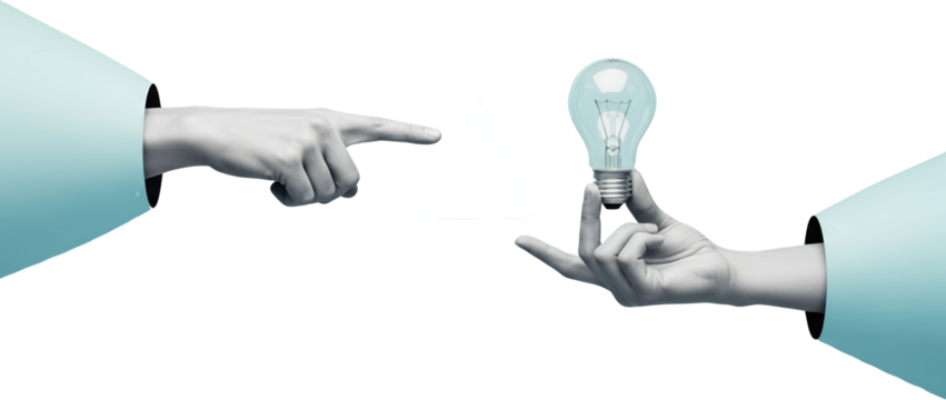 A hand points to a triangle while another hand offers a glowing lightbulb isolate collage art Idea Innovation