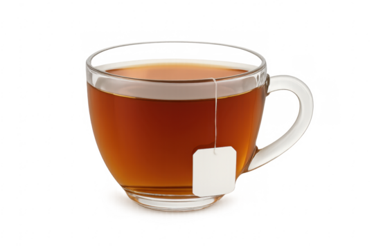 Glass cup of hot tea brewing with tea bag on transparent background