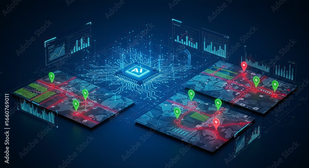 Poster ai-powered location analysis: isometric view of data-driven mapping and circuitry