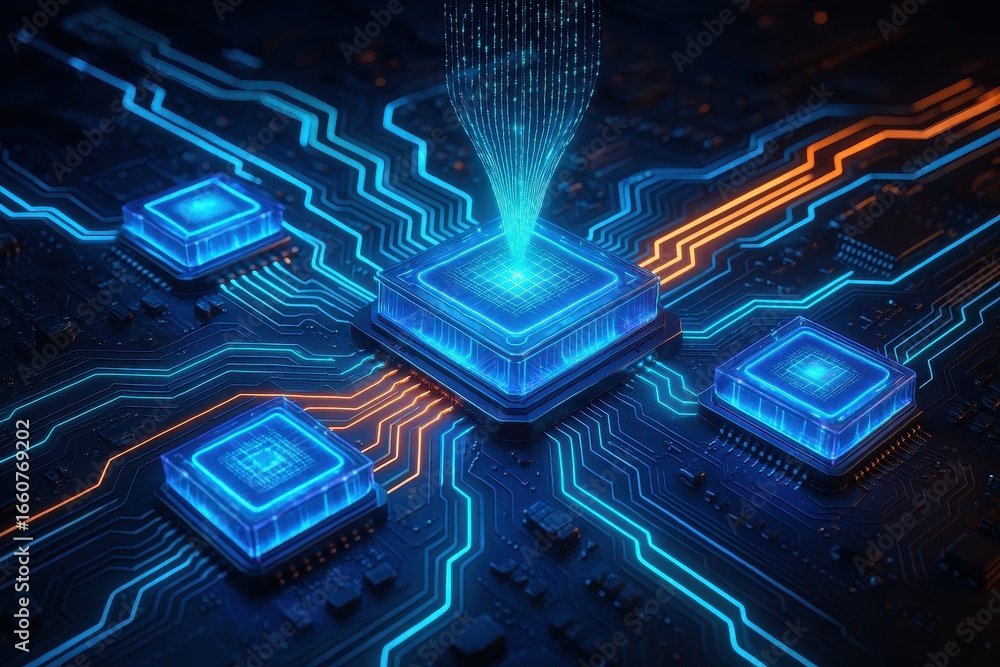 Aufkleber advanced circuit board with glowing pathways and ai processing chips