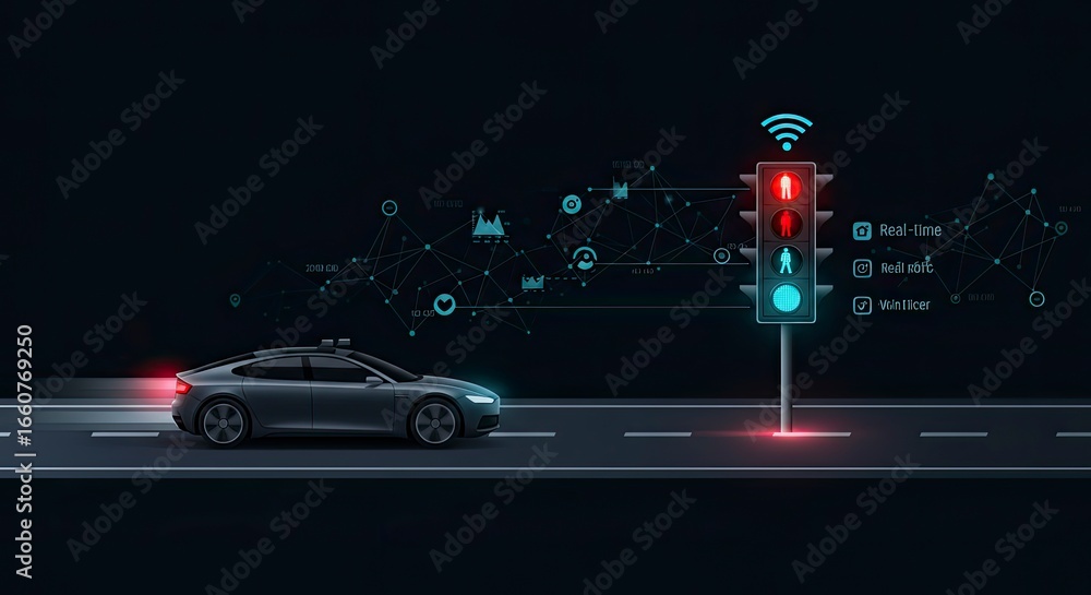 Aufkleber autonomous car navigating smart city with connected traffic signals and data visualization