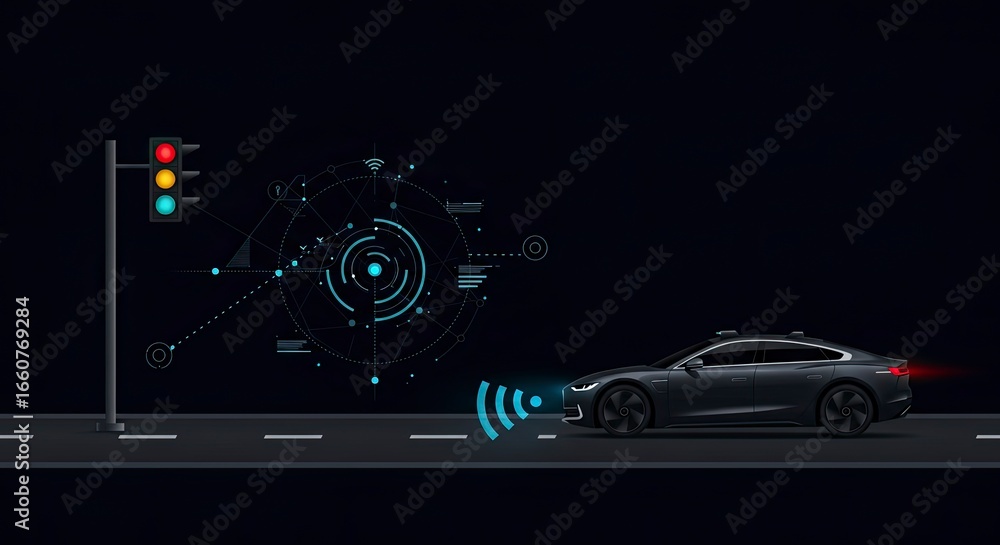 Poster autonomous car at red light with advanced sensor technology displayed