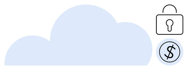 Blue cloud accompanied by a lock and dollar icon illustrates safe cloud storage services, cost, and security. Ideal for technology, data protection, finance, cloud computing, encryption