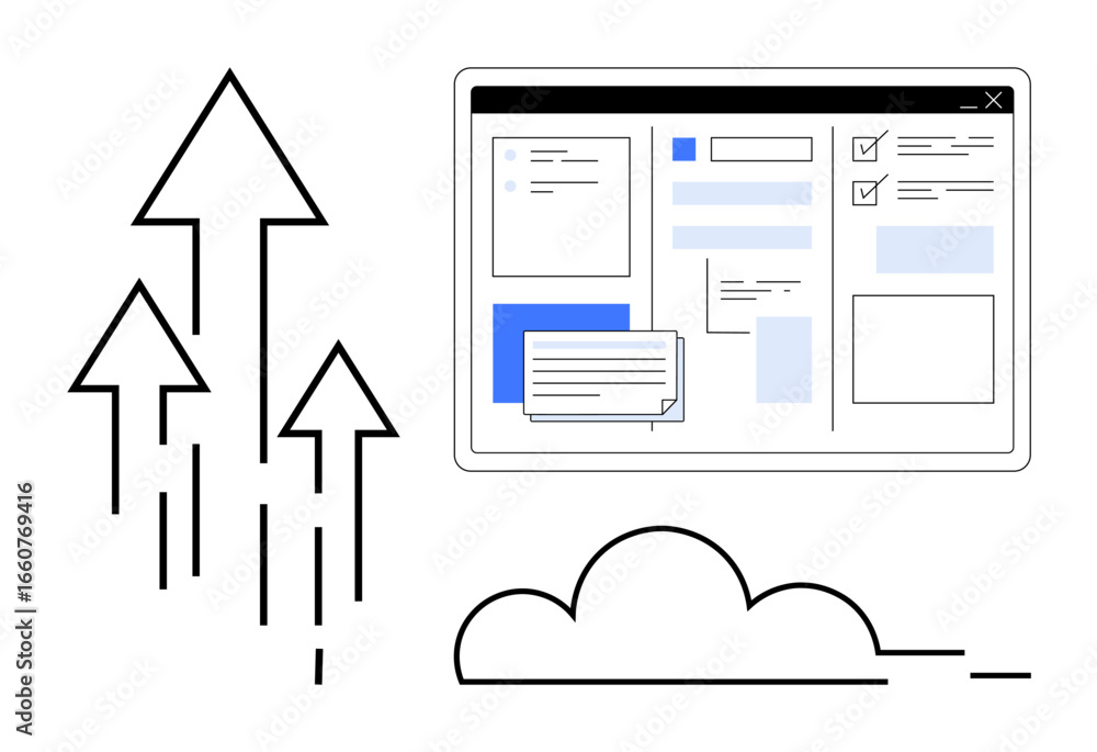 Poster website interface with buttons, checkboxes, and chat bubble alongside upward arrows and a cloud for 