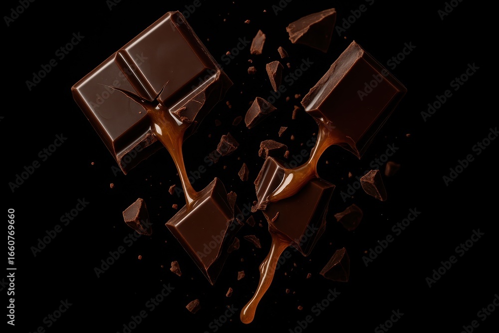 Poster artisan chocolates exploding with caramel filling in slow motion against dark backdrop